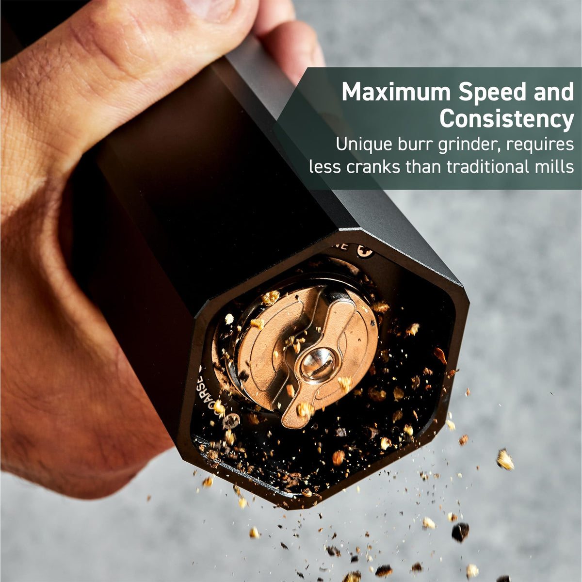 HexClad HexMill pepper grinder side profile highlights ergonomic design for easy use.
