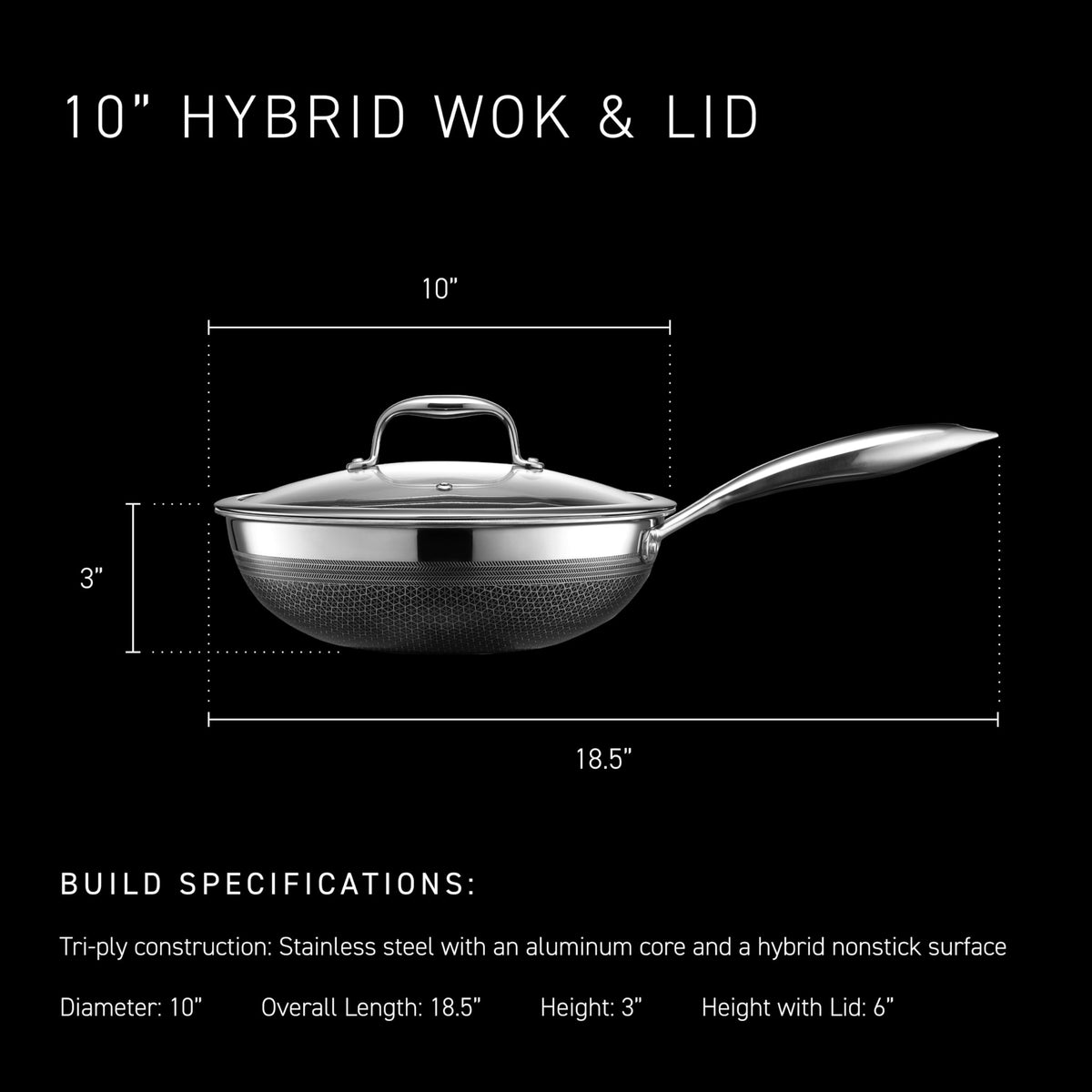 HexClad Hybrid 10-inch Wok induction-ready surface on any cooktop.