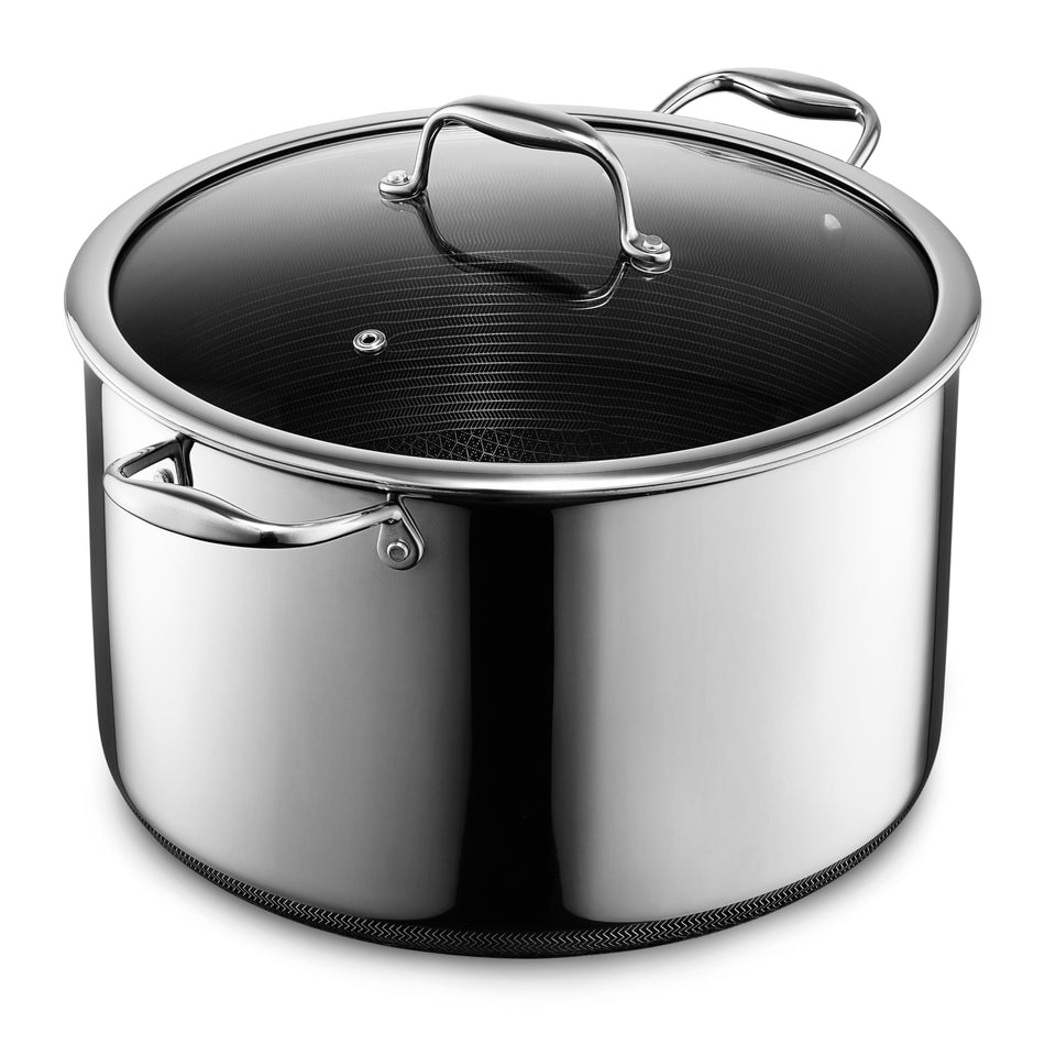 HexClad Hybrid 12QT stockpot closeup shows nonstick surface for easy food release.