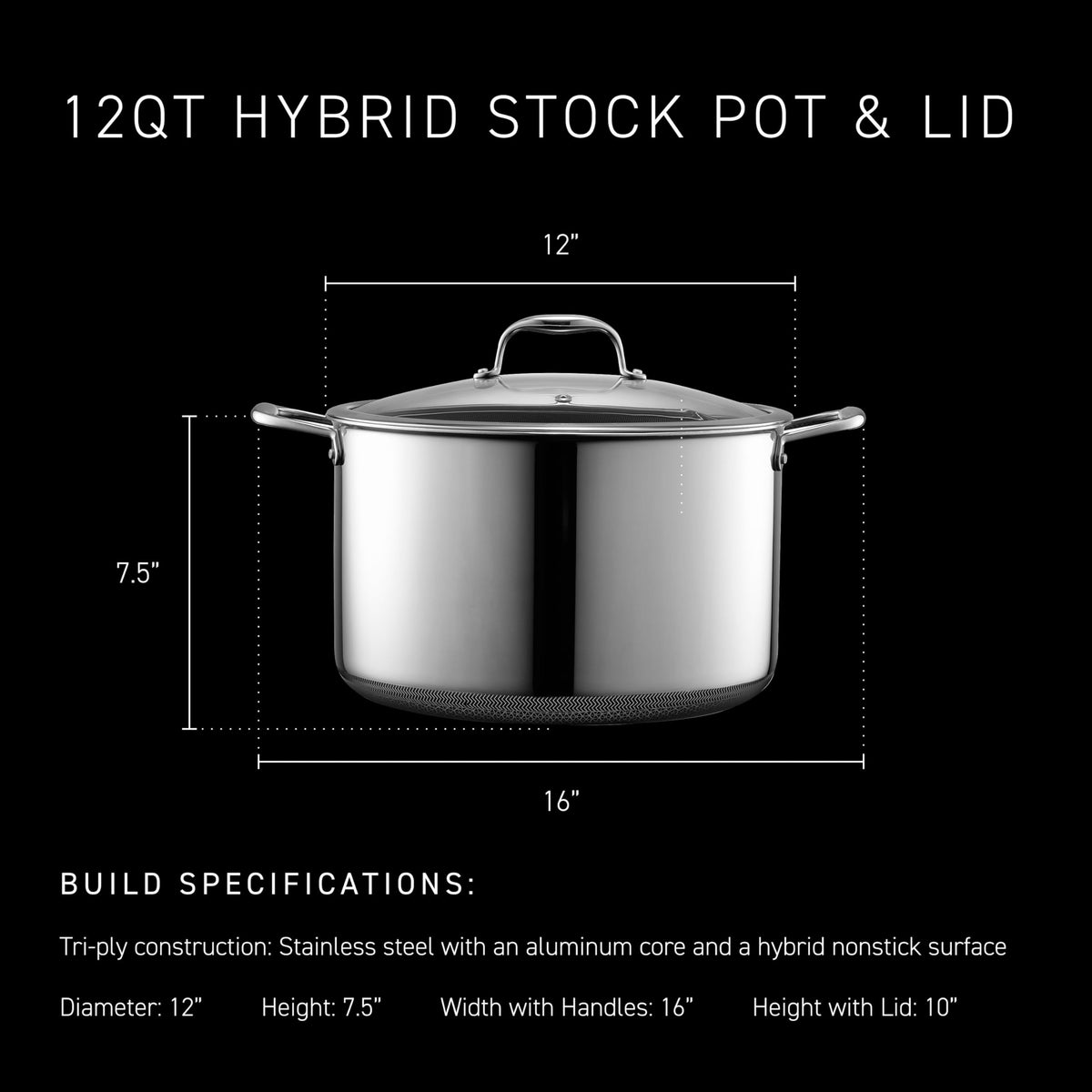 HexClad Hybrid 12QT stockpot handle stays cool during long simmering.