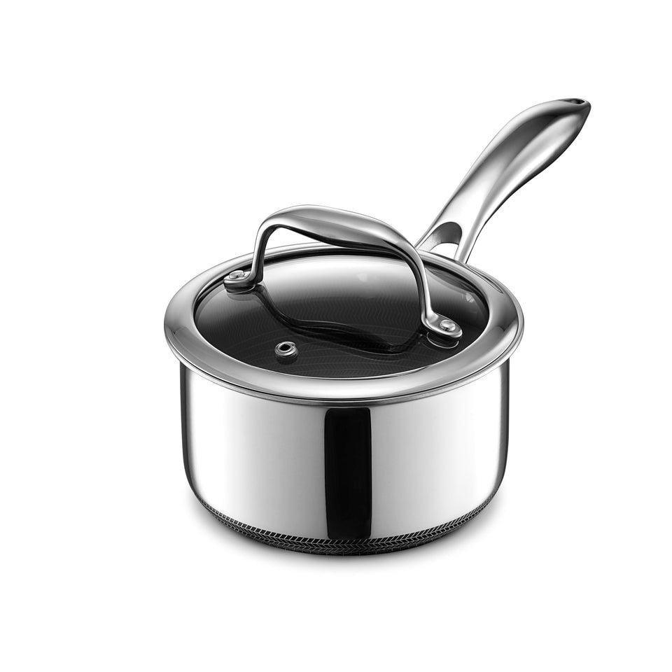 HexClad Hybrid 1-Quart Saucepan lid showing tempered glass for easy monitoring and heat control.
