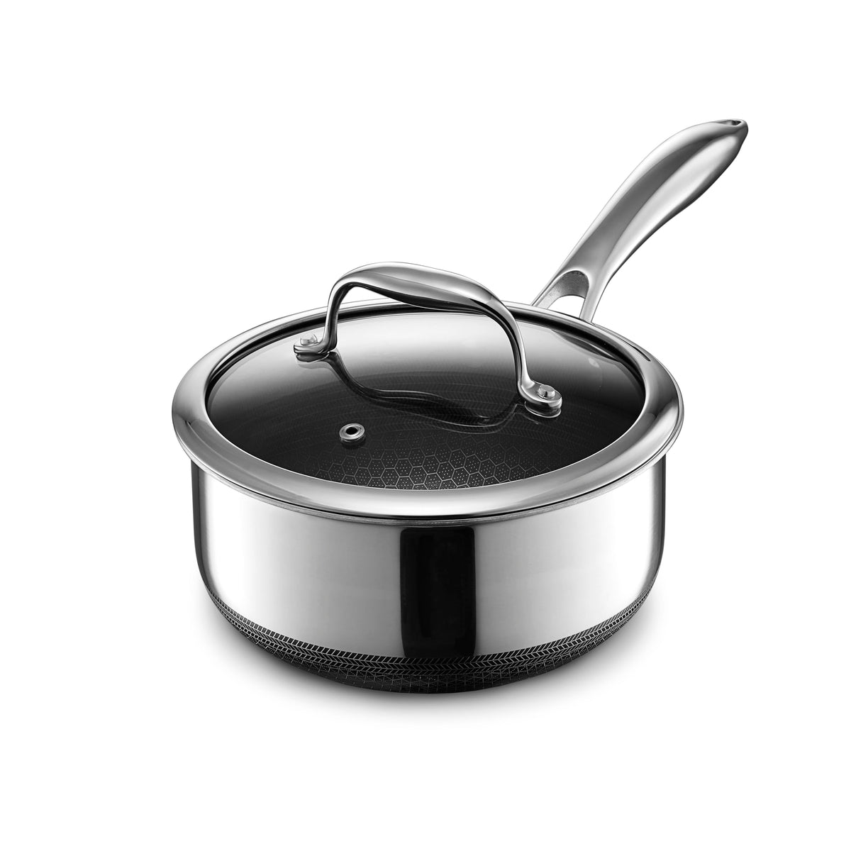 HexClad Hybrid 2-Quart Saucepan front view, ideal for eggs and even heating.