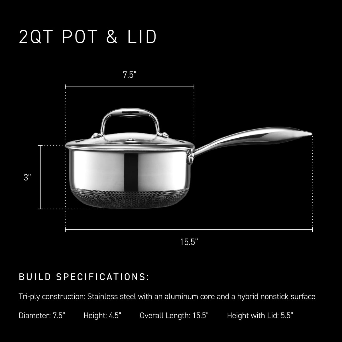 HexClad Hybrid 2-Quart Saucepan oven-safe up to 900°F, shown with glass lid.