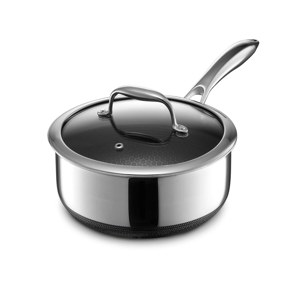 HexClad Hybrid 3-Quart Saucepan top view delivering even heating.