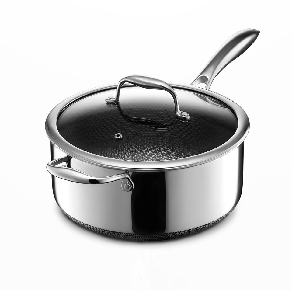 HexClad Hybrid 5-quart saucepan side view highlighting sturdy construction for searing and simmering