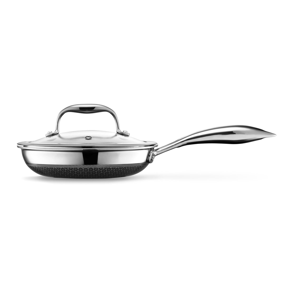 HexClad Hybrid 7-inch pan with tempered glass lid for easy monitoring while cooking.