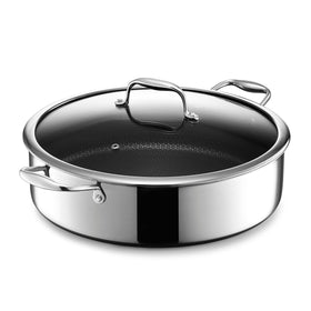 HexClad hybrid 7qt sauté pan with hex nonstick surface enables easy searing and cleanup.