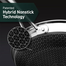 HexClad Hybrid 8-inch pan dishwasher-friendly tag indicating easy cleanup.