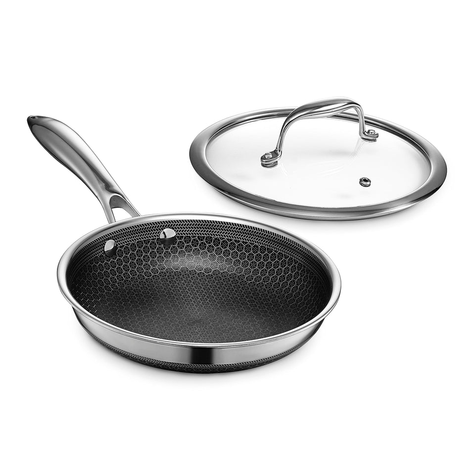 HexClad Hybrid 8-inch pan surface detail showing durable nonstick sear and easy cleanup.