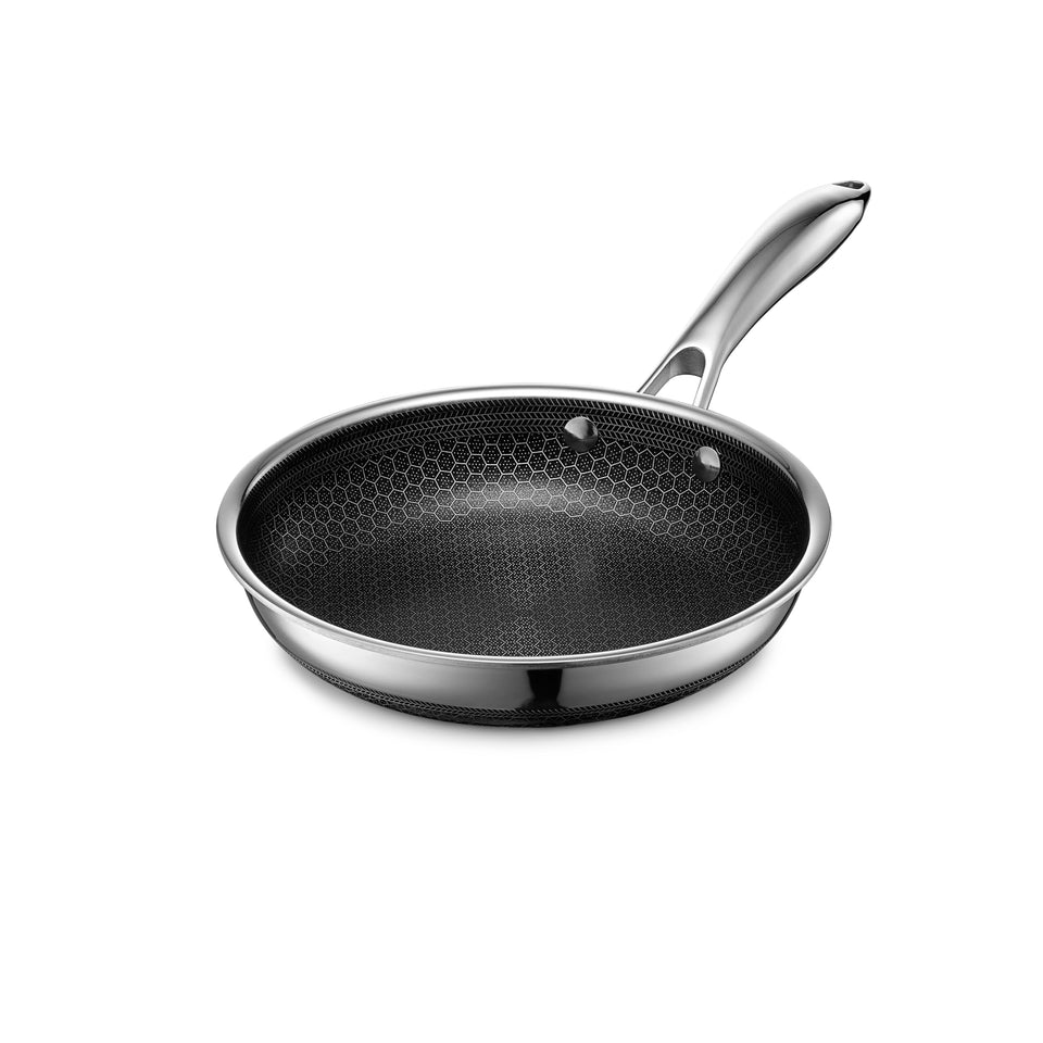 HexClad Hybrid 8-inch frying pan showing hexagonal nonstick surface for quick searing