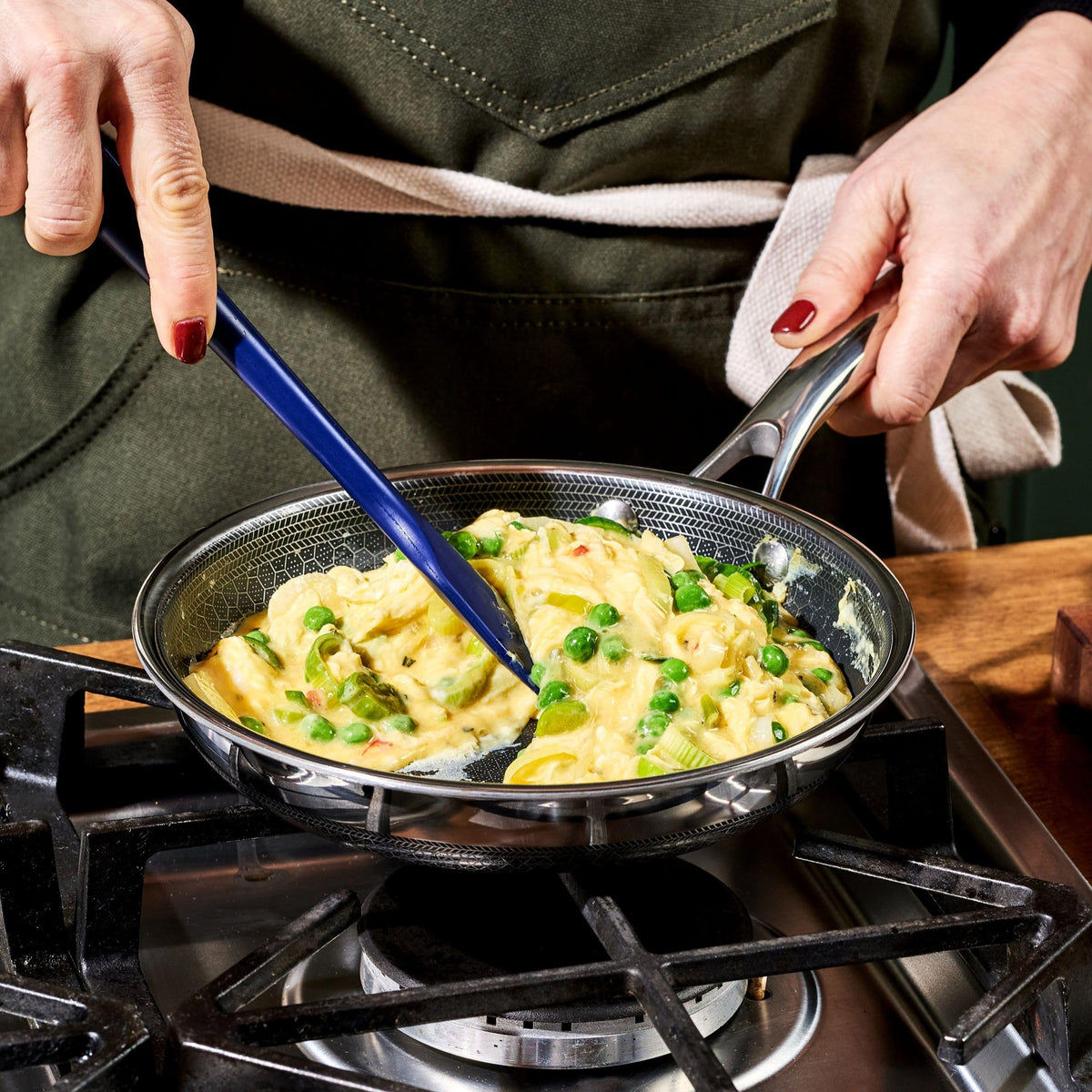 HexClad Hybrid 8-inch pan close-up highlighting compact storage