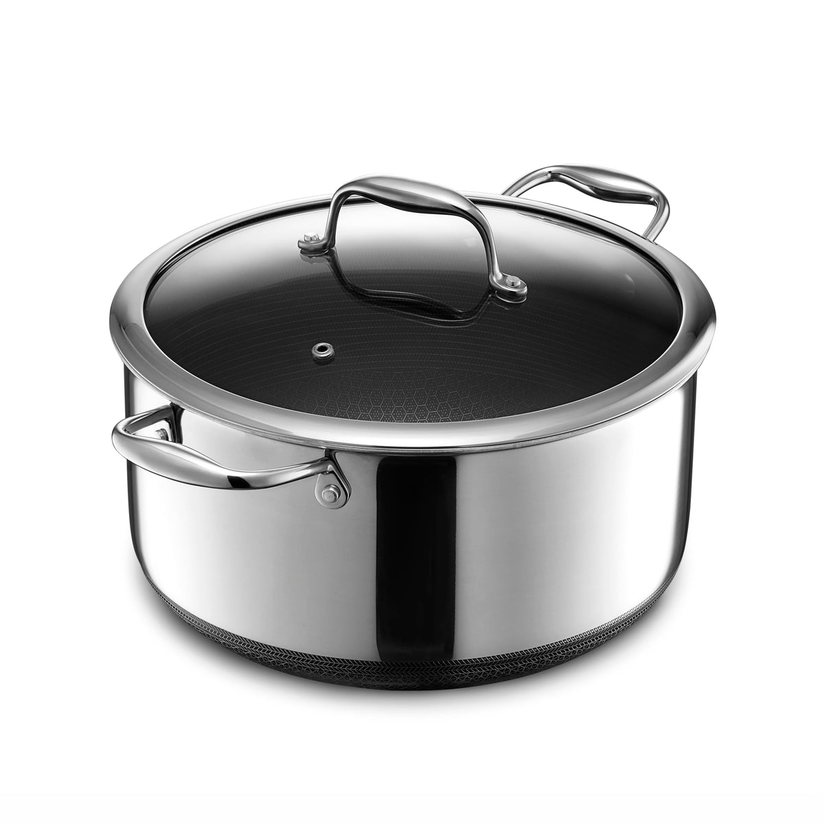 HexClad hybrid 8-quart stockpot with hexagonal nonstick surface for even heating.