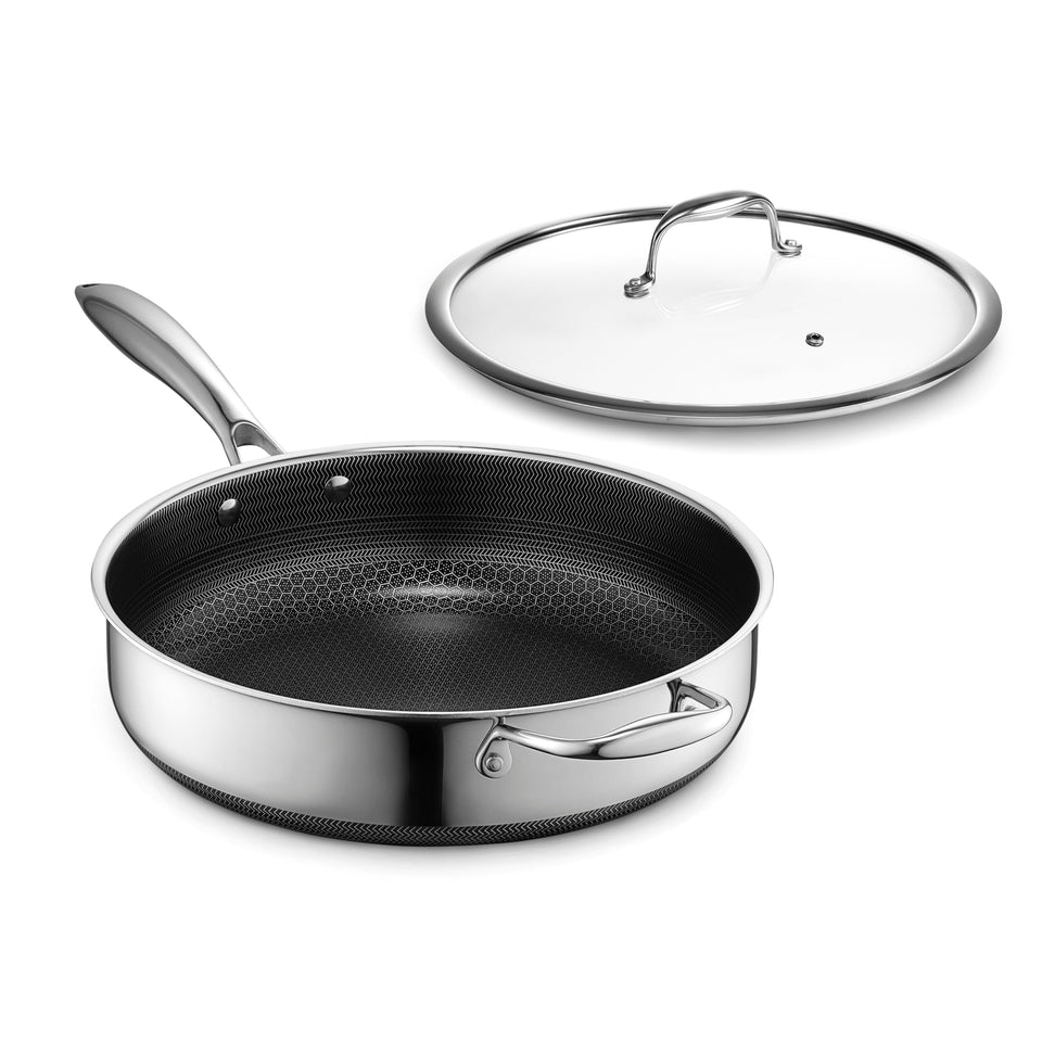 HexClad Hybrid deep sauté pan with nonstick surface for easy release and browning.