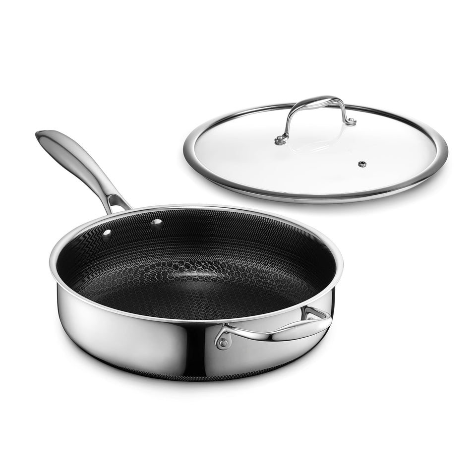 HexClad Hybrid Deep Sauté Pan in action showing even searing and braising