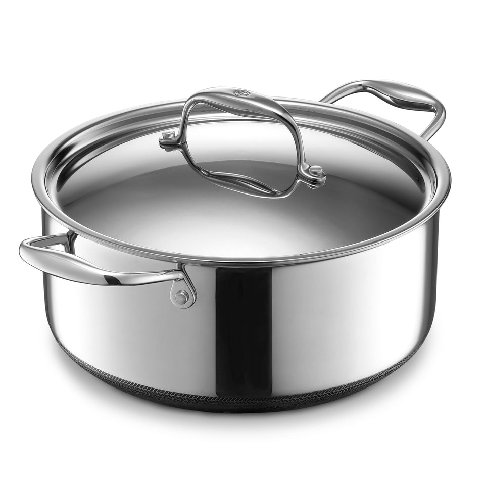 HexClad Hybrid Dutch Oven with steel lid, induction-ready and oven-safe up to 900°F.