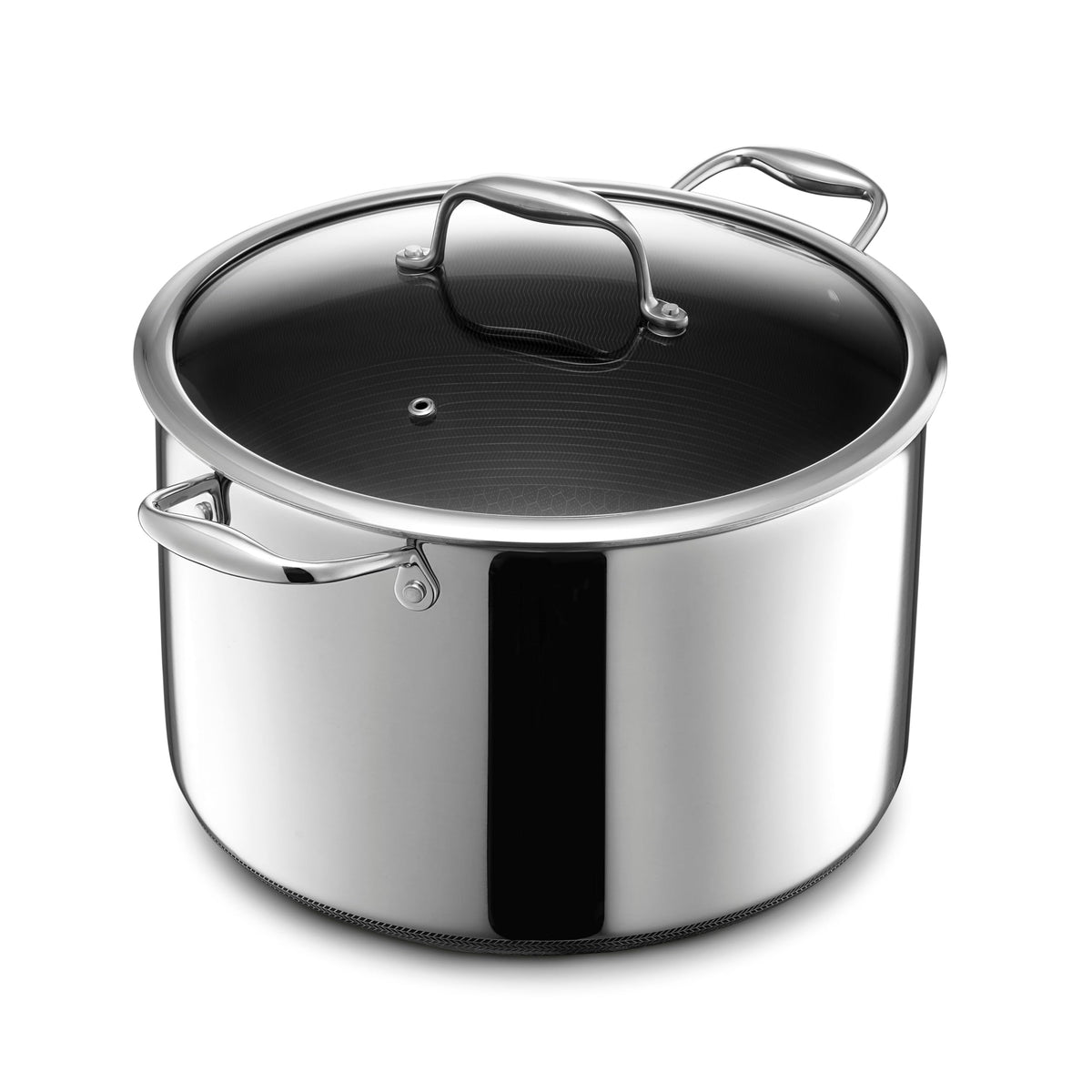 HexClad hybrid nonstick 10qt stockpot with lid for easy, mess-free simmering.