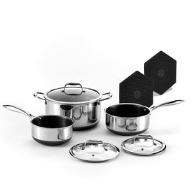 HexClad Hybrid 6-piece pot set with laser-etched nonstick surface for easy searing