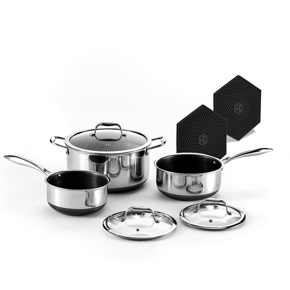 HexClad Hybrid 6-piece pot set with laser-etched nonstick surface for easy searing
