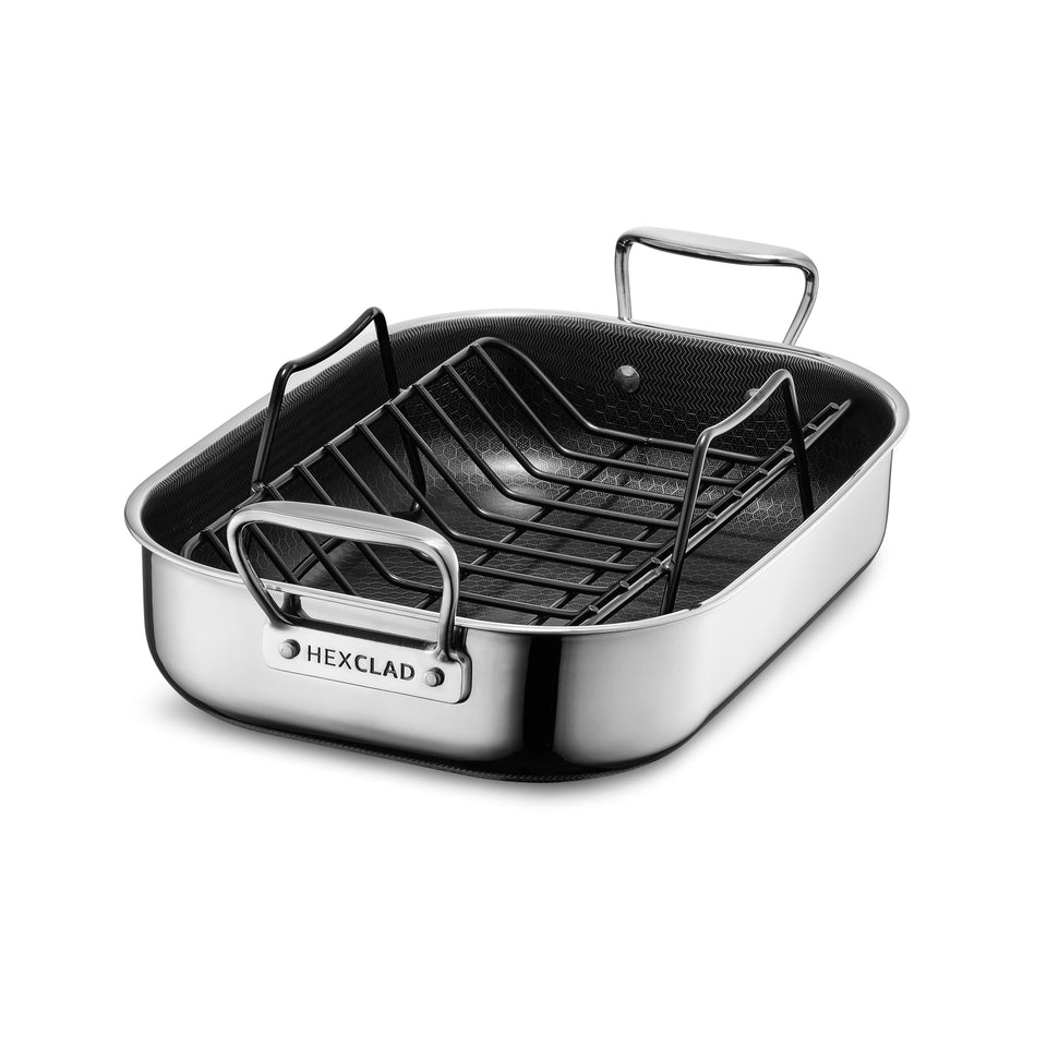 HexClad Hybrid roasting pan top view highlights its 14x10 size for even browning.