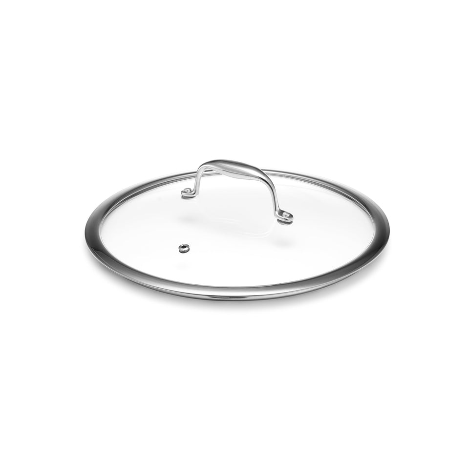 HexClad 10-inch tempered glass lid shows cooking progress through clear glass with steam vent.