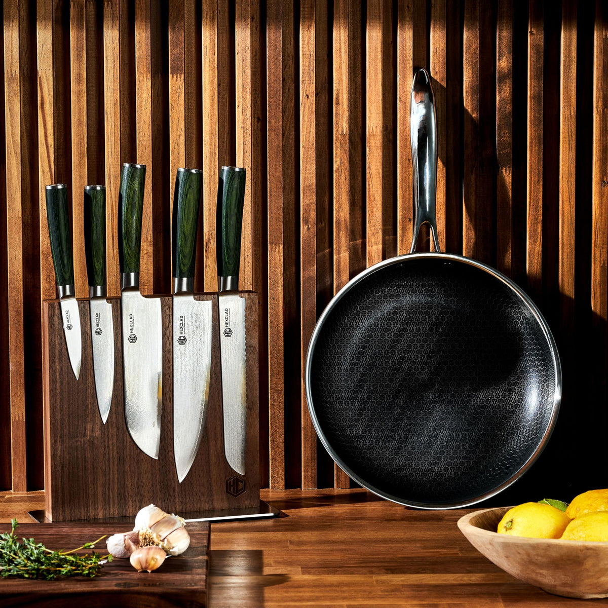 Block used as a bookend, protecting surfaces while showcasing knives.