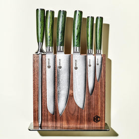 Walnut block on the counter doubles as an elegant kitchen display.