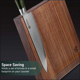 HexClad knife block shows strong magnets securely holding blades in view.