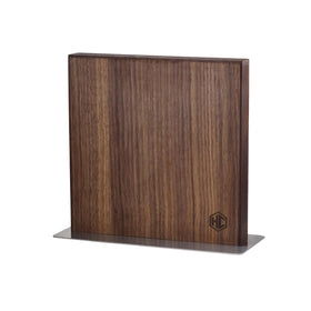HexClad magnetic walnut knife block displays natural wood grain on the counter for a refined look.
