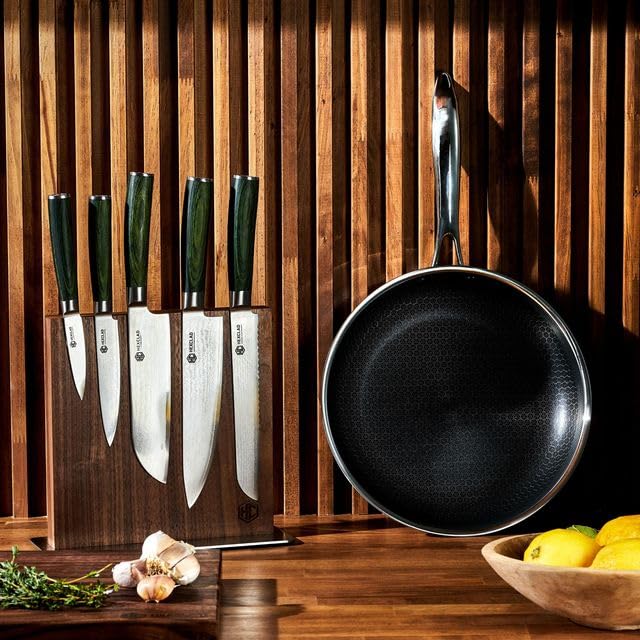 HexClad pakkawood handles with anti-shrink tech for a durable grip