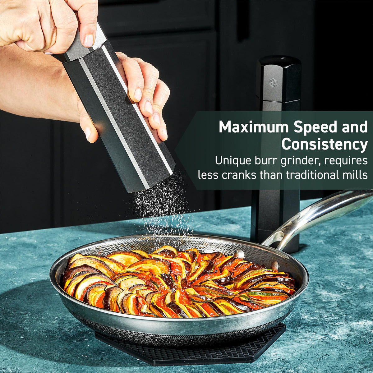 HexClad pepper mill with adjustable grind for fresh pepper at the table.
