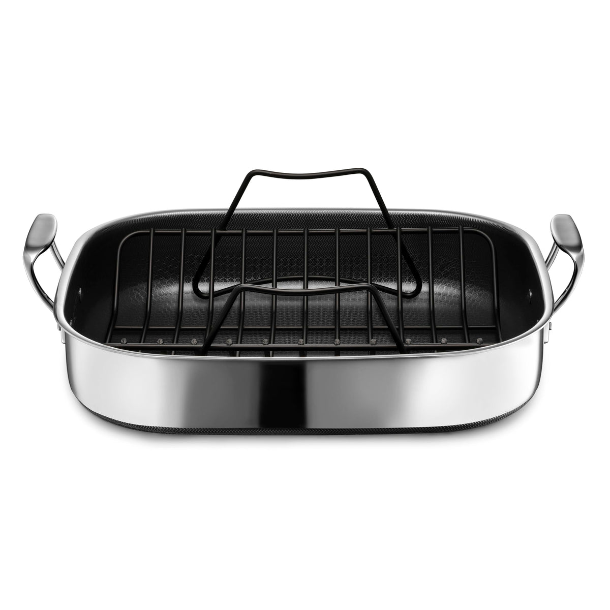 HexClad rectangular roasting pan with rack for even roasting and facile cleanup.