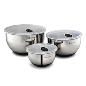 HexClad 1.3-quart stainless steel mixing bowl with vacuum seal lid keeps ingredients fresh.