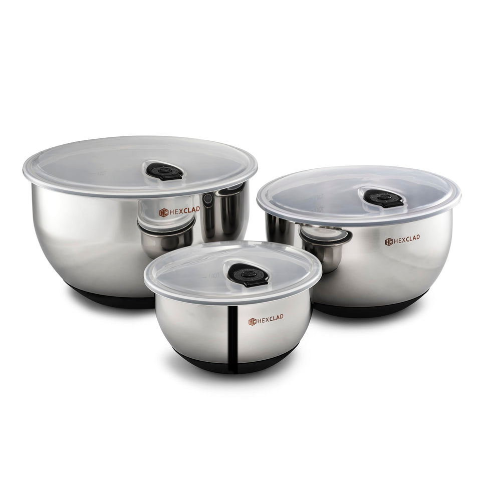 HexClad 1.3-quart stainless steel mixing bowl with vacuum seal lid keeps ingredients fresh.