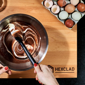 HexClad 5-quart stainless steel mixing bowl with vacuum-seal lid for batch cooking.