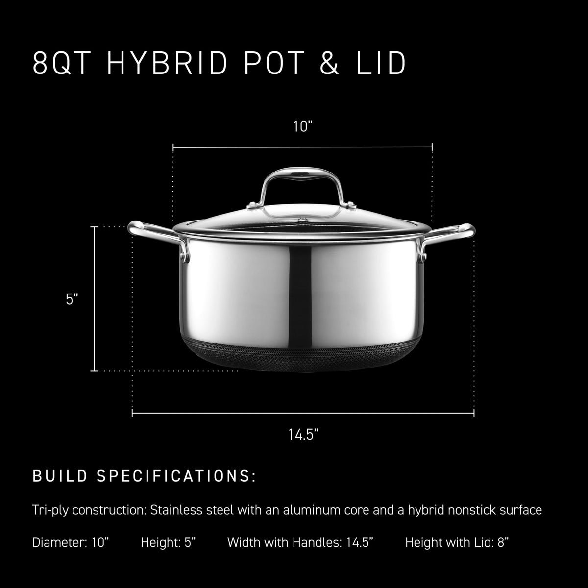 HexClad stainless-steel and ceramic fusion surface enables versatile cooking and easy cleanup.