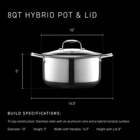 HexClad stainless-steel and ceramic fusion surface enables versatile cooking and easy cleanup.