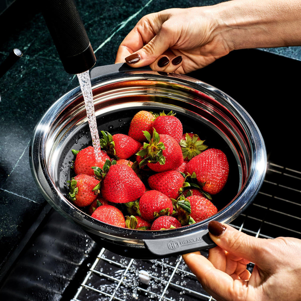 HexClad steamer basket showcases silicone and stainless steel construction up to 425°F.
