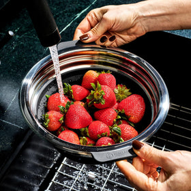 HexClad steamer basket showcases silicone and stainless steel construction up to 425°F.