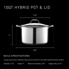 HexClad tri-ply aluminum-core stockpot delivers quick, even heating for braises and soups.