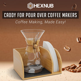 HEXNUB bamboo stand compatible with Chemex, Bodum, Cosori carafes for organized brewing.