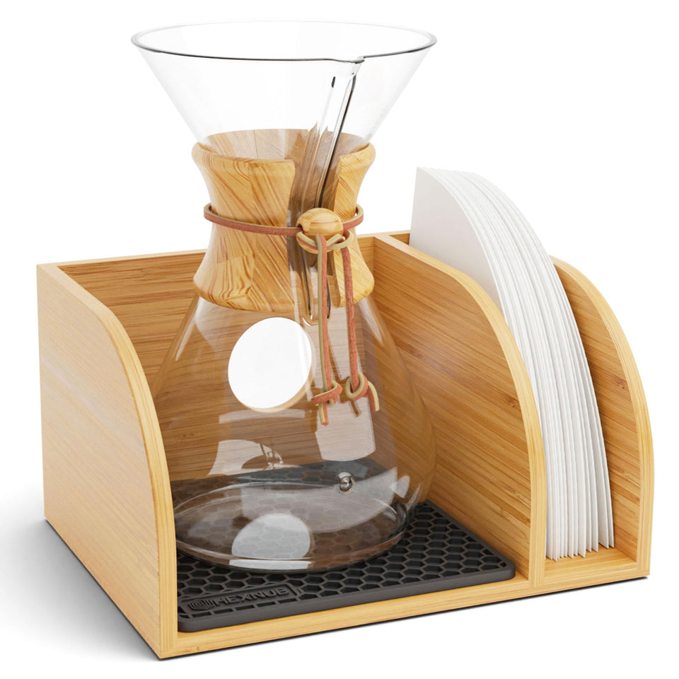 HEXNUB caddy for pour-over coffee makers on a bamboo stand for organized counter.