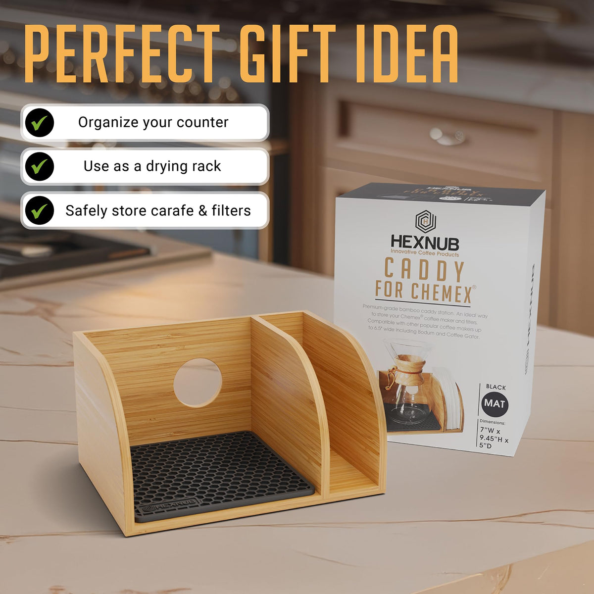 HEXNUB pour-over caddy on a counter creates a tidy brewing station.