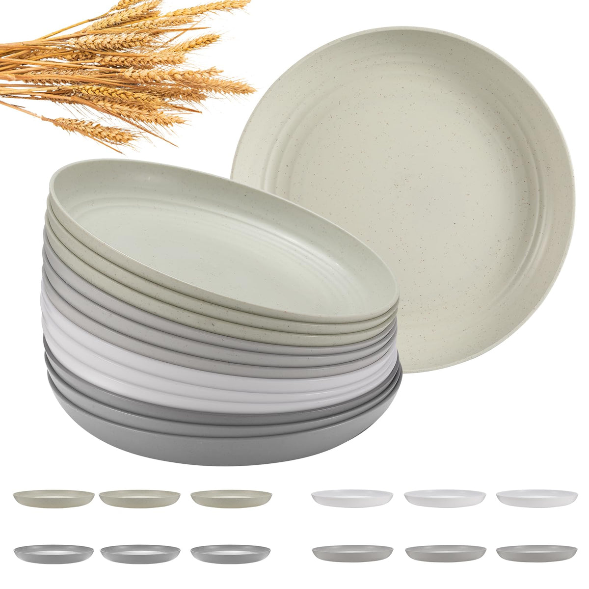 HEYCOME 12-piece wheat straw deep-dinner plates in four colors for versatile daily meals