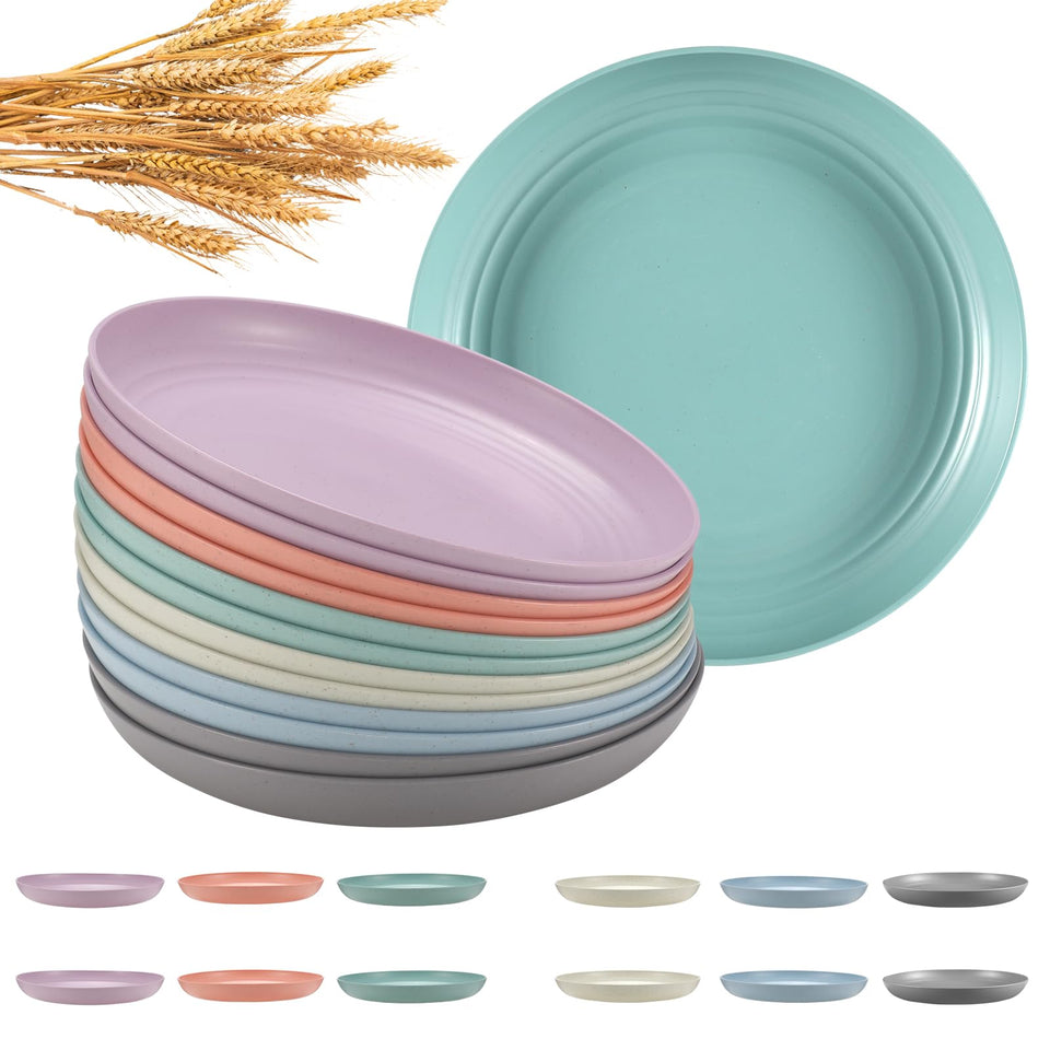 HEYCOME 12-piece wheat straw plates, 10-inch set for durable daily use.