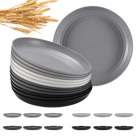 HEYCOME 12-piece wheat straw dinner plates in multiple colors for easy family meals.