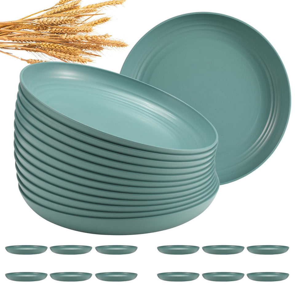 HEYCOME 12-piece wheat straw plates in deep 9-inch size for family meals and dessert.