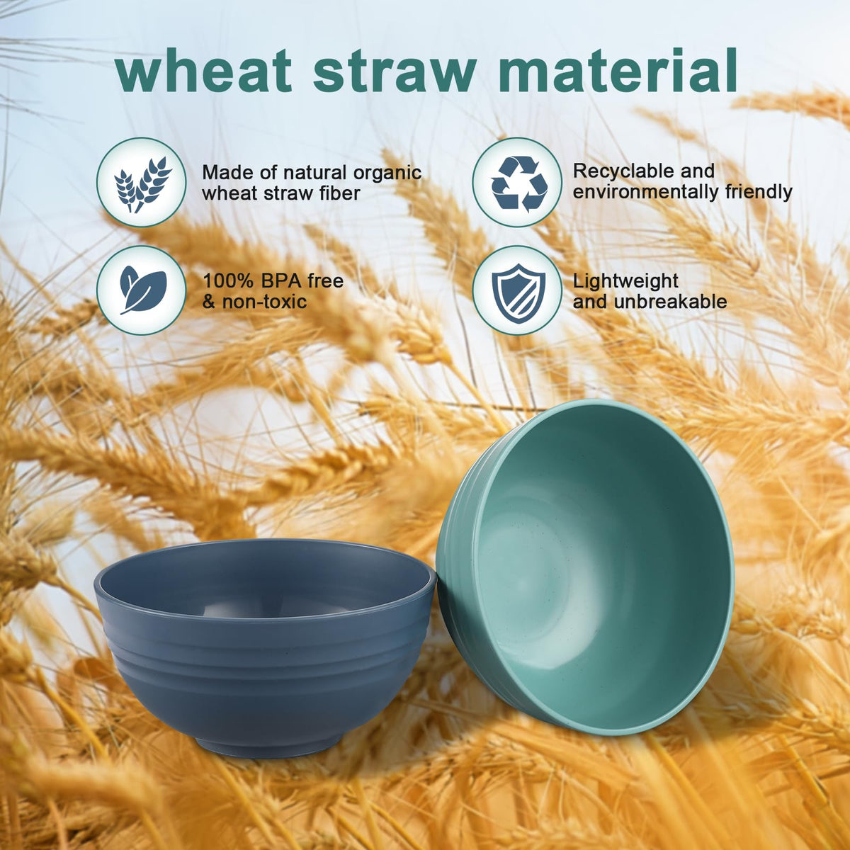 HEYCOME dishwasher-safe wheat straw bowls for easy cleanup.