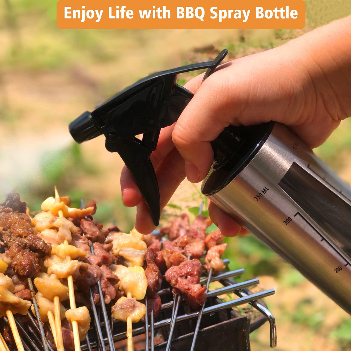HEYISME BBQ spray bottle with oil nozzle enables light mist over grilled meats.