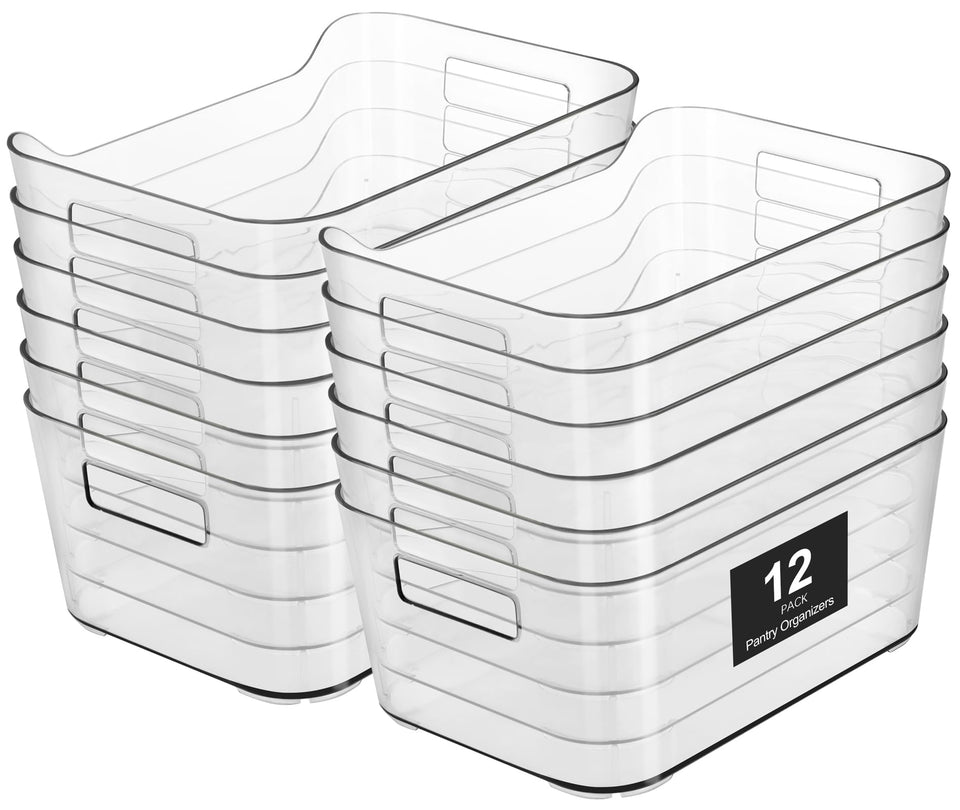 Heyuzb 12-pack clear storage bins for easy pantry organization.