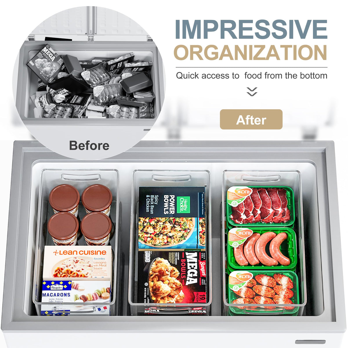 Heyuzb freezer bin with side handles for easy removal from the freezer.